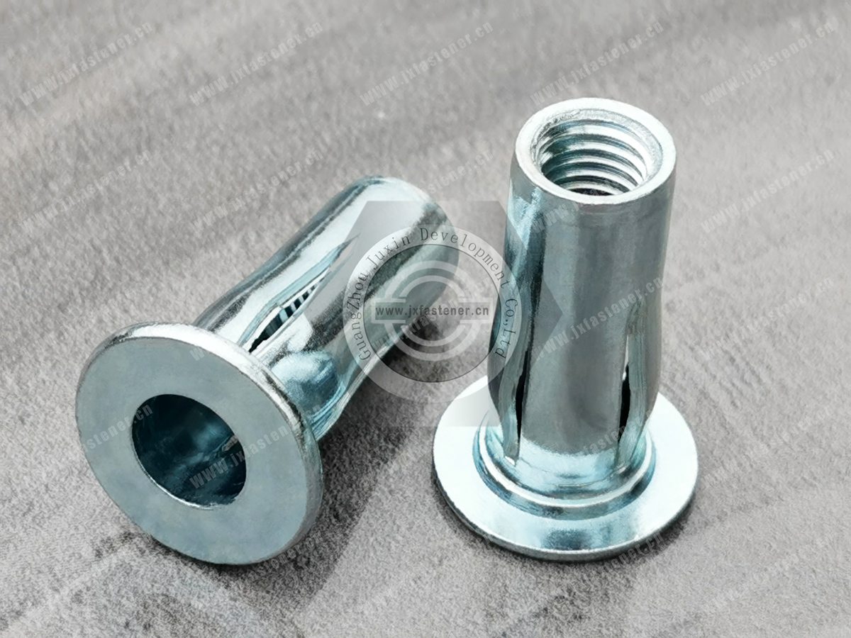 Flat Head Open Blind rivet nuts with slotted shank for ultimate pull-out force values