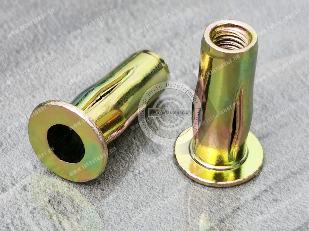 Flat Head Open Blind rivet nuts with slotted shank for ultimate pull-out force values