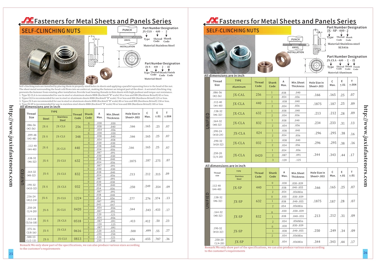 Self-Clinching Nuts - Types JX-S, JX-CLS, JX-CLA, JX-SP