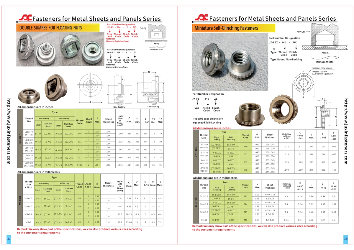 Floating self-clinching, locking thread nuts fasteners JX-LAC, JX-LAS