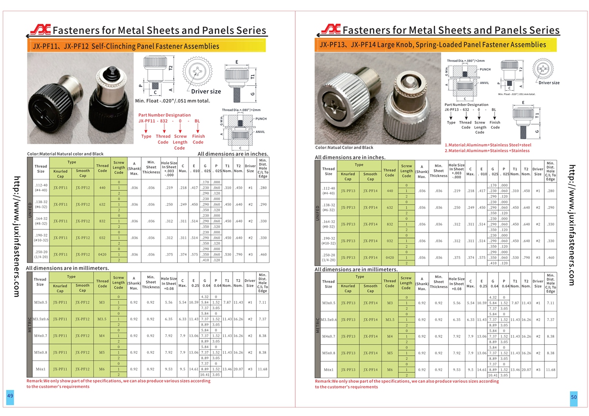 Large Knob, Spring-Loaded – Types Knurled Head. JX-PF11, JX-PF12