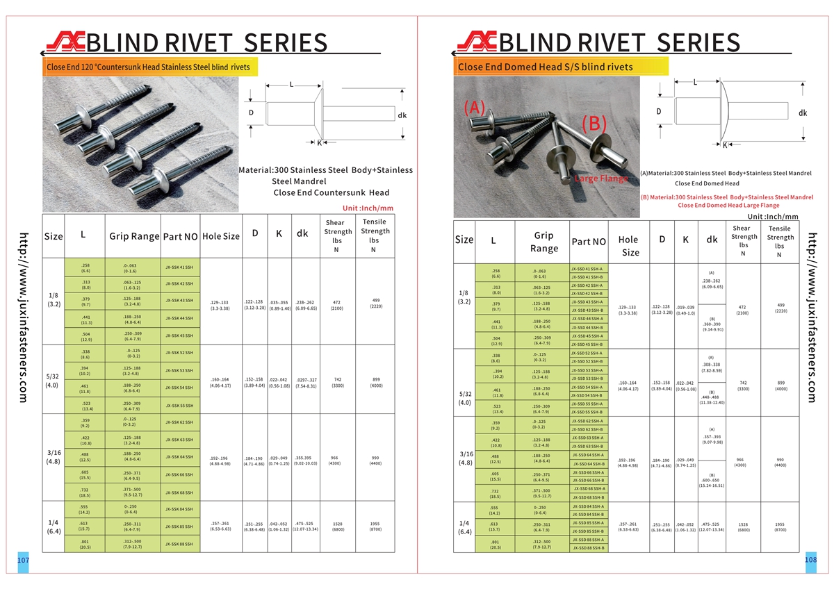 Close End 120 °Countersunk Head Stainless Steel blind rivets