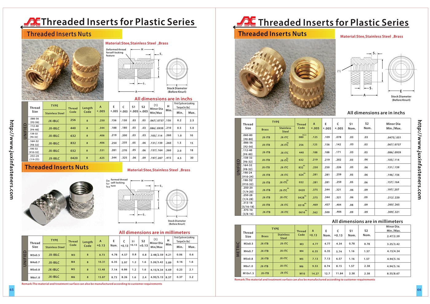 Molded-in Threaded Inserts, Thru-Threaded JX-ITB, JX-ITC, JX-ITC