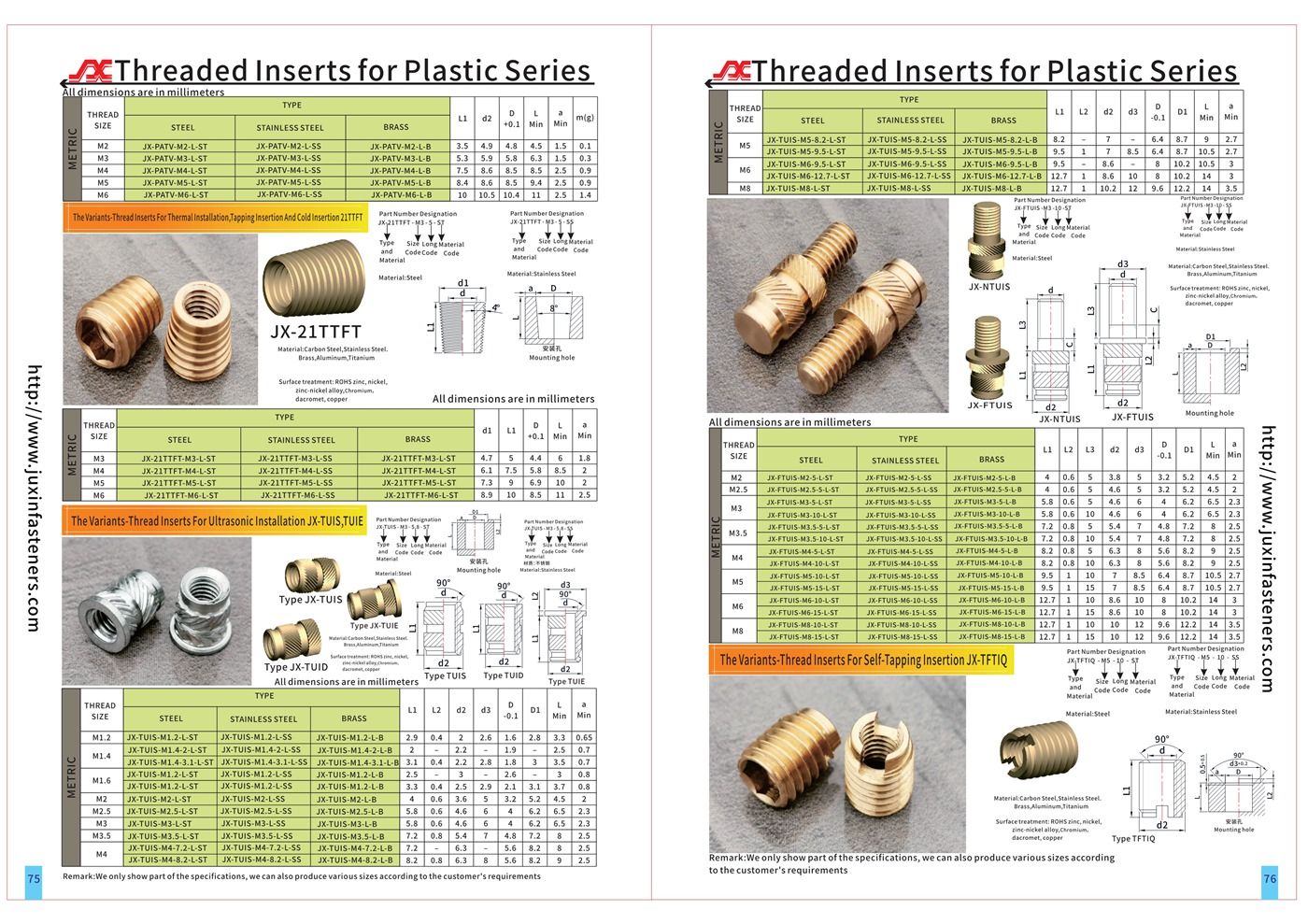 The variants – thread inserts for ultrasonic installation JX-TUIS, JX-TUIE, JX-TUID