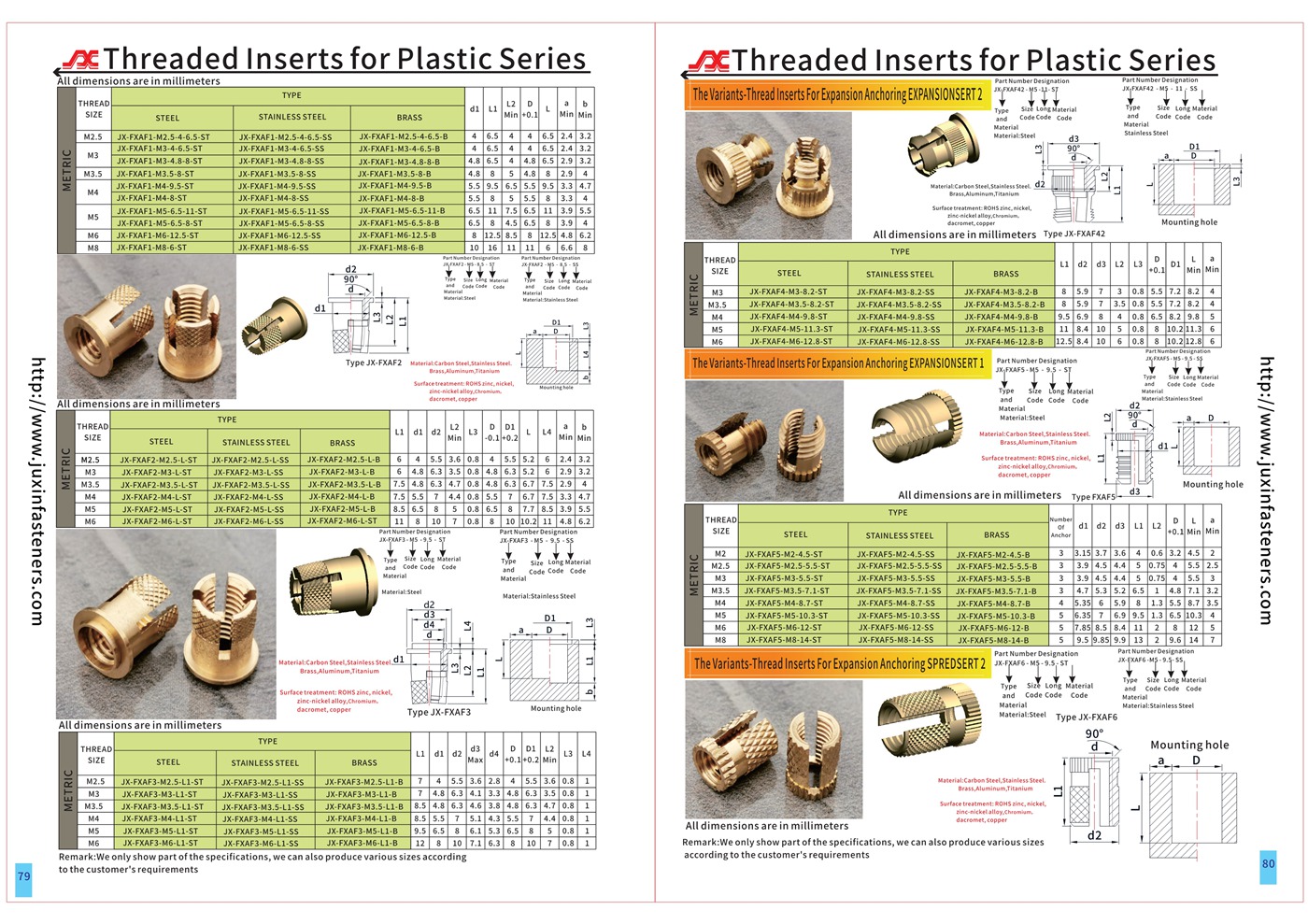 Thread inserts nuts knurled for expansion anchoring JX-FXAF6