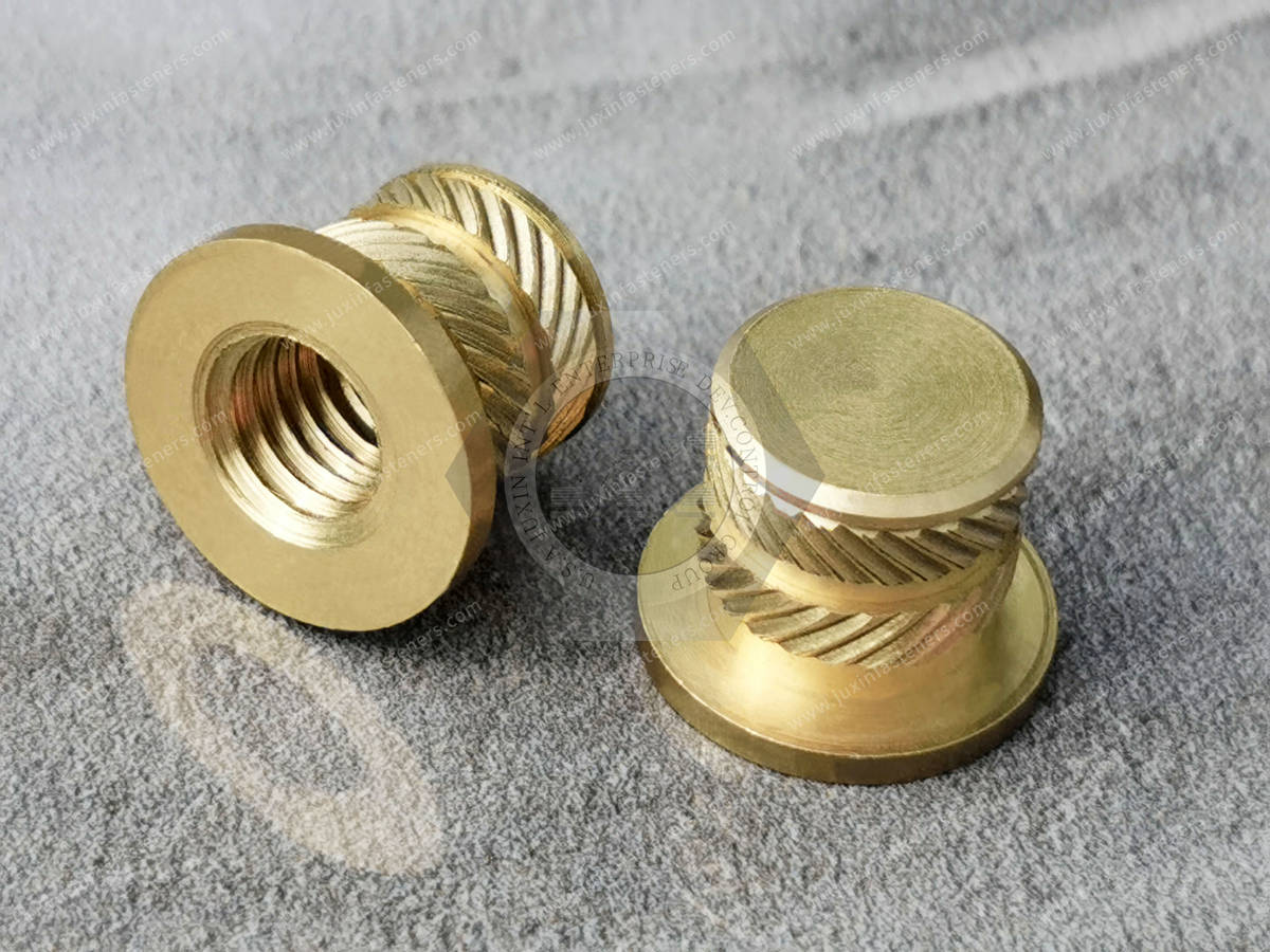 JX-21QJG408-M8-B, CNC brass machined parts knurled insert nuts fasteners for plastic, ultrasonic equipment, transformer equipment, automotive manufacturing applications