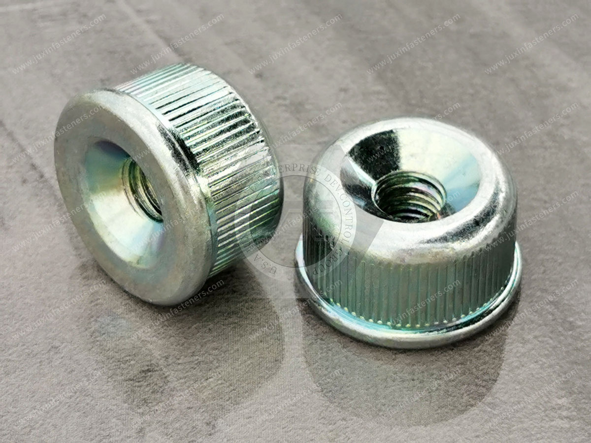 JX-21JG195-M8-D23.3-H15-ST, Carbon steel electroplated environmental protection ROHS color zinc knurled round nuts lighting nuts, pipe fitting nuts