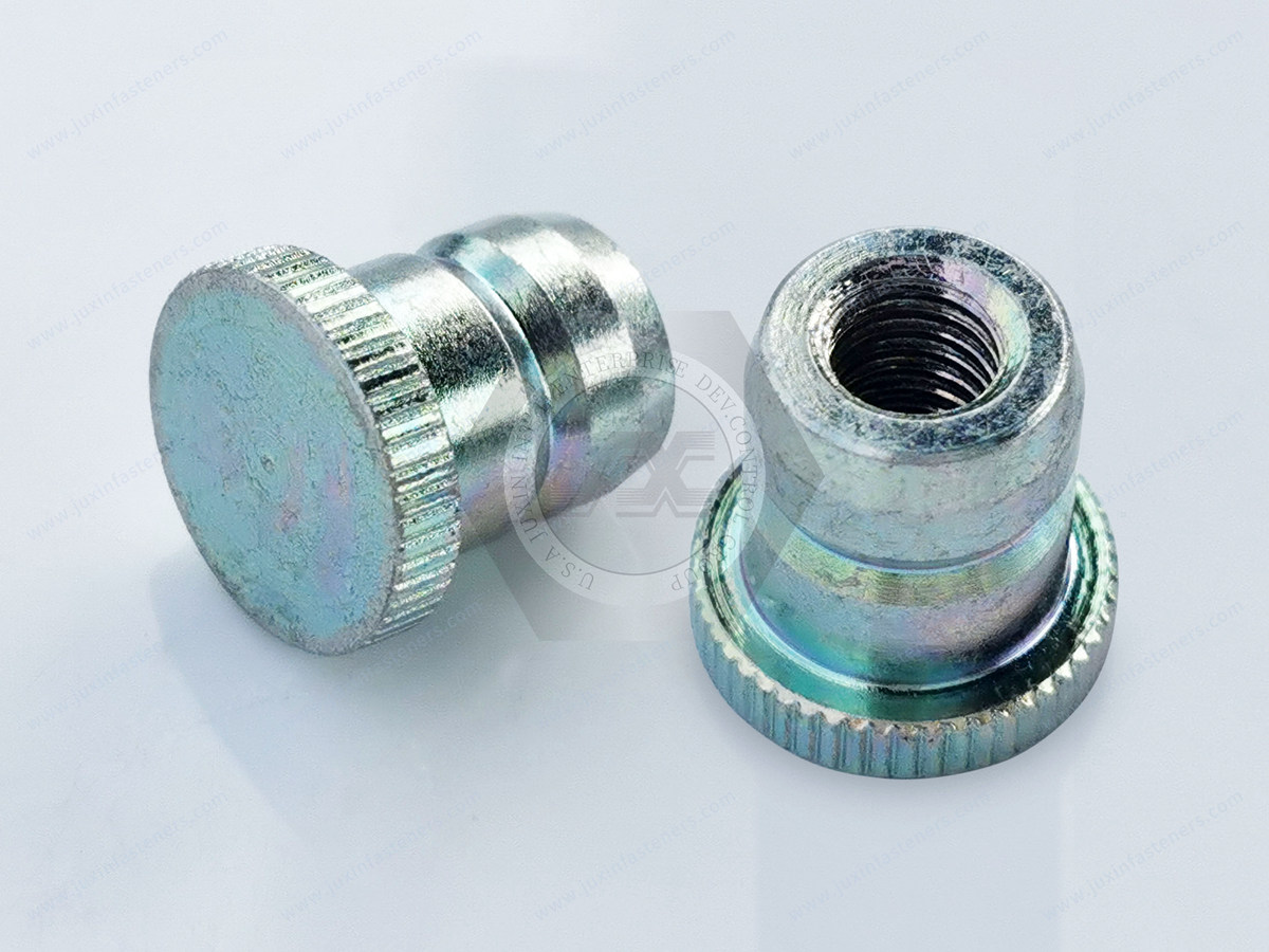 JX-22JG532-M5-D12-12-ST, steelknurled insert nut is a new type of nut, surface treatment electroplating environmental protection ROHS color zinc