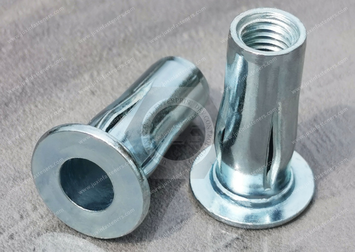 Flat Head Open Blind rivet nuts with slotted shank for ultimate pull-out force values