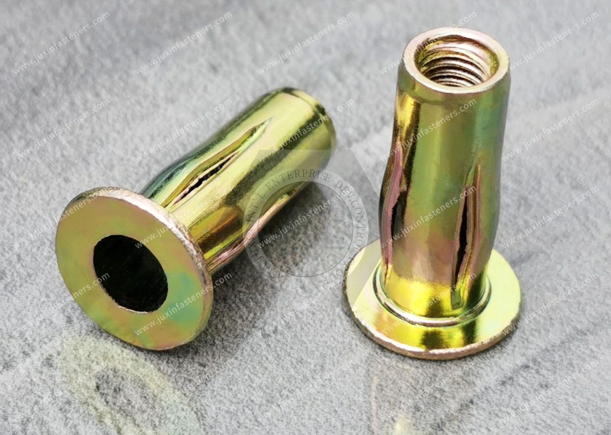 Flat Head Open Blind rivet nuts with slotted shank for ultimate pull-out force values